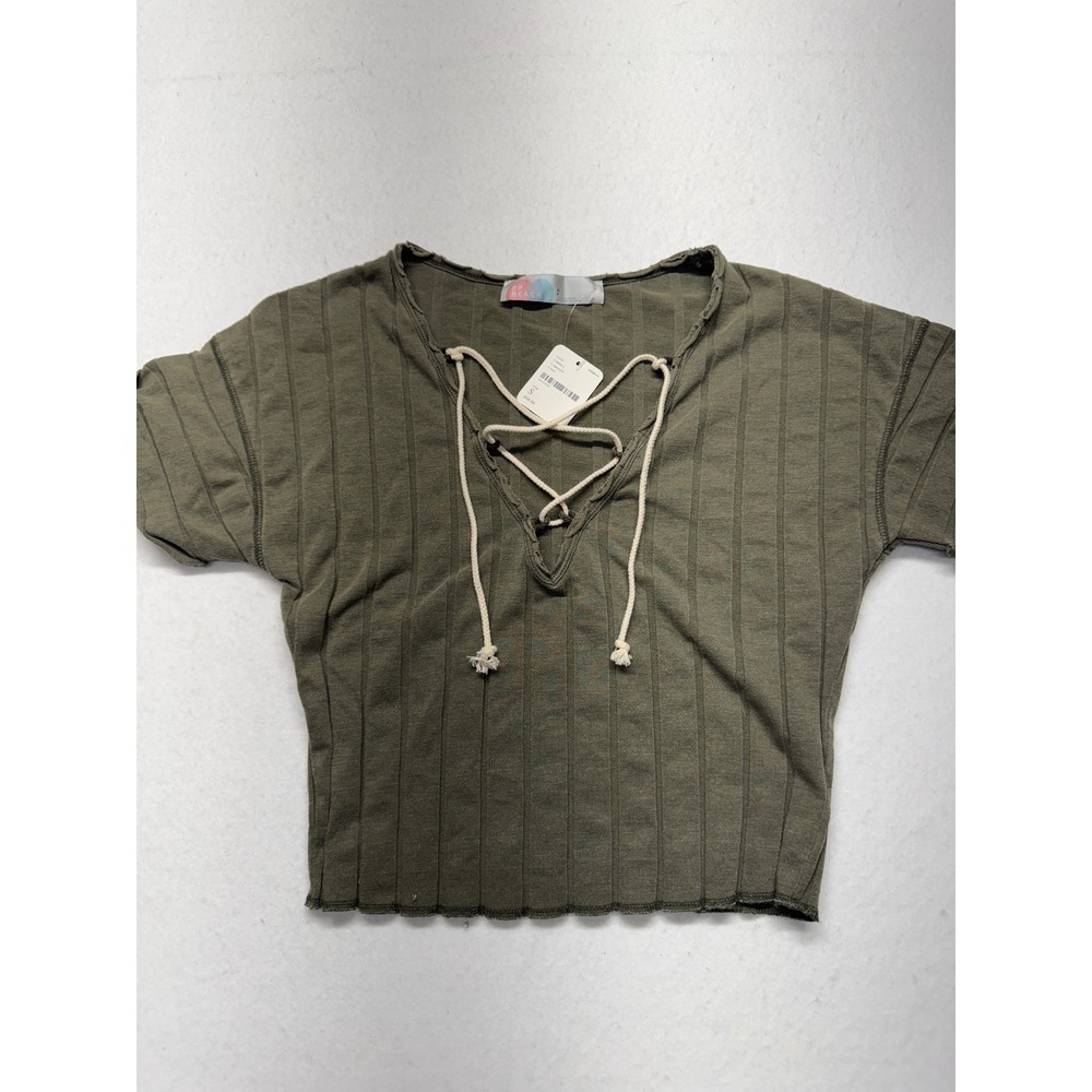 Free People Beach Army Green Ribbed Lace Up V-Neck Top OB829270 Small NWT